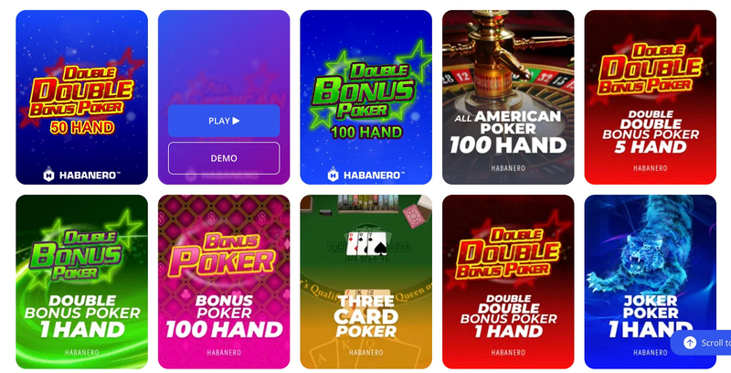 Glory Casino poker and cards games